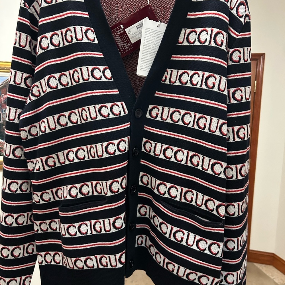 Men's Gucci logo, cotton jacquard cardigan in ink, red and white size XL - Picture 3 of 12
